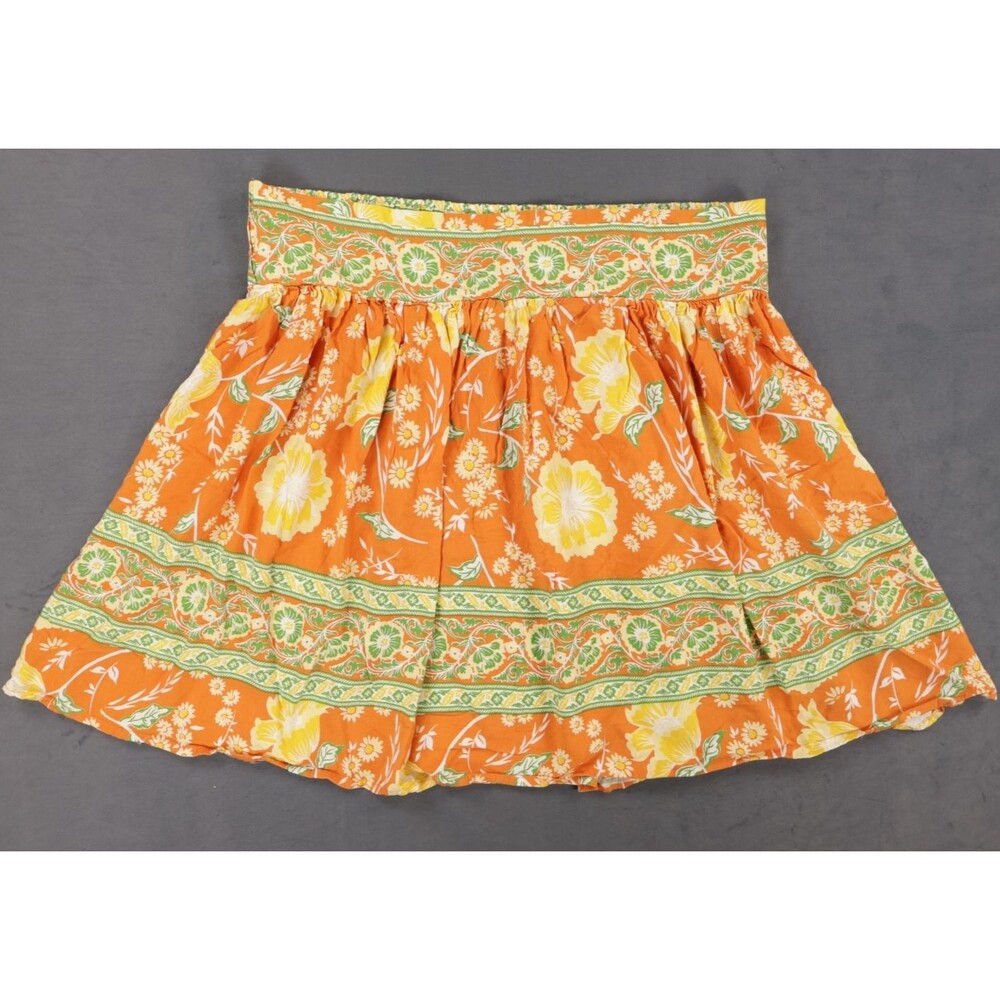 Cynthia Rowley Womens Medium Orange Floral Border Print Mini Skirt Elastic Waist